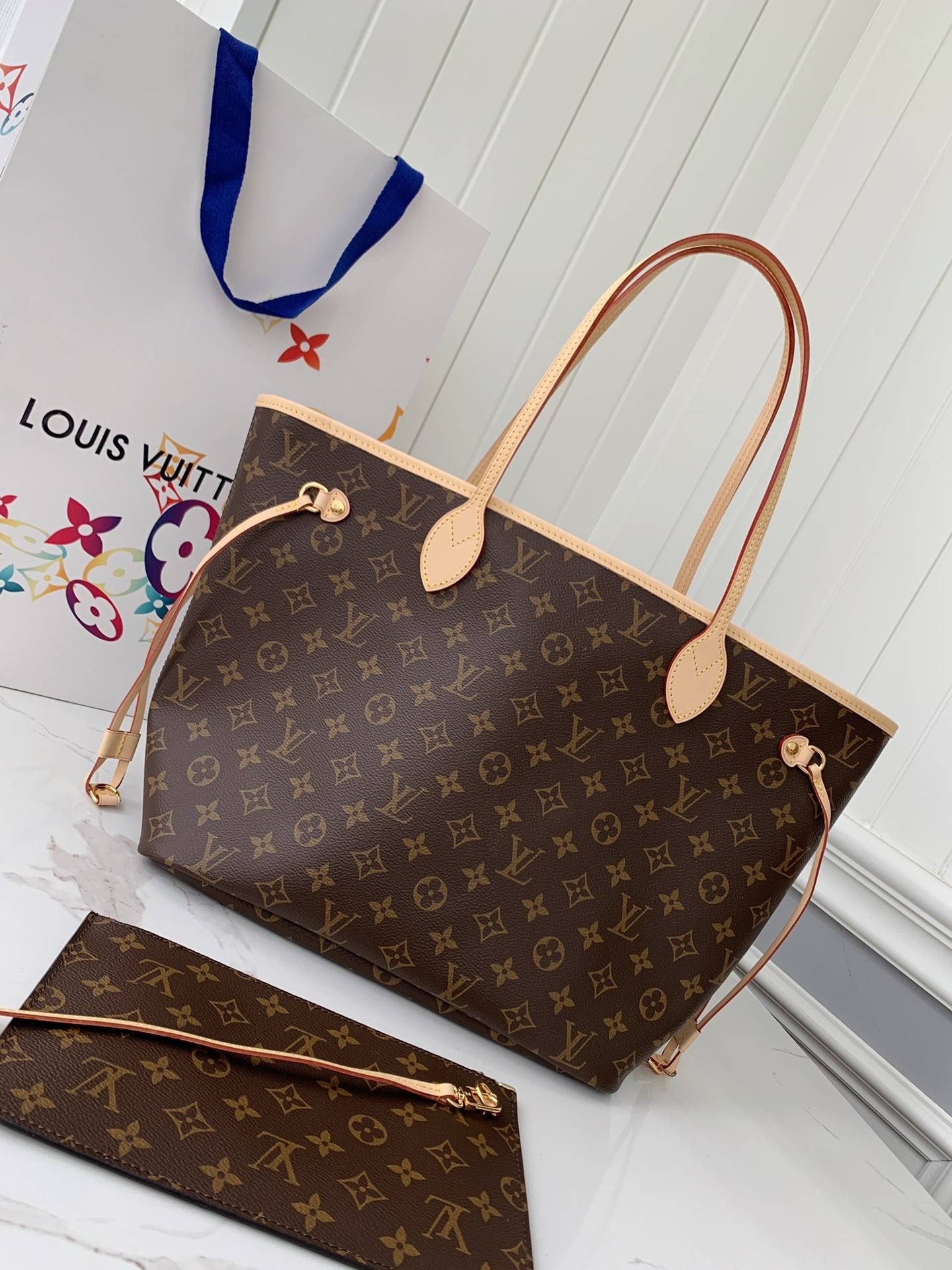 L*V NEVERFULL Apricot Medium Shopping Bag M40995, Top Quality Size: 31 * 28 * 14cm