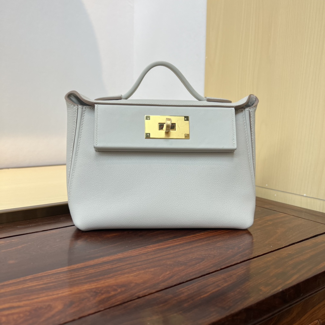 H**me5 new Kelly2424mini handmade glacier white evercolor Swift leather size: 21cm