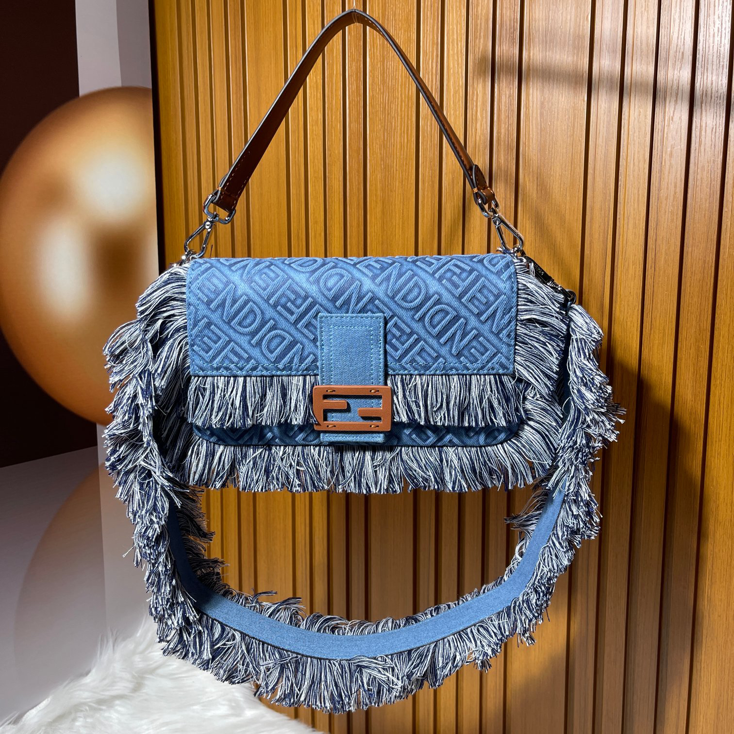 F**di Baguette Embossed Denim Tassel Bag Size: 26 15cm, Model 0199
