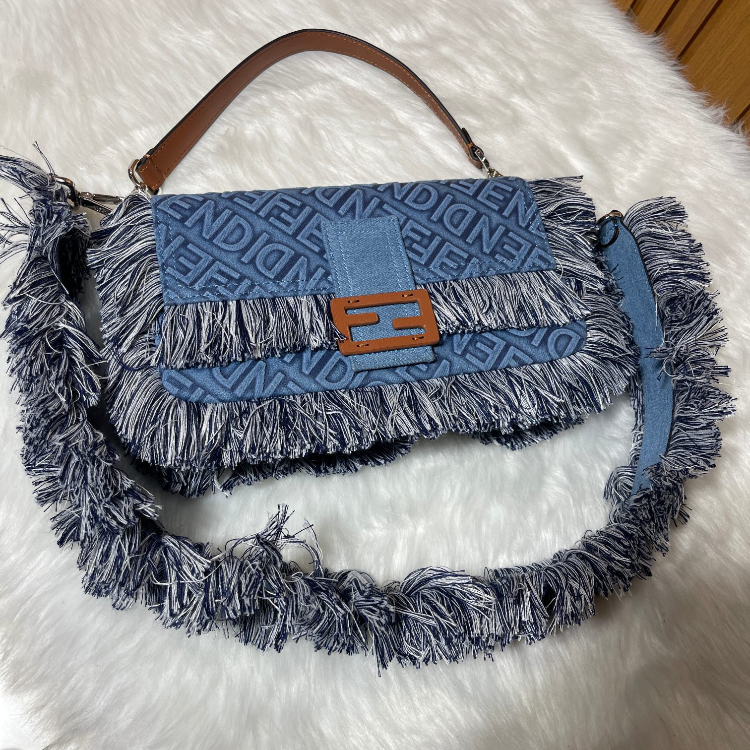 F**di Baguette Embossed Denim Tassel Bag Size: 26 15cm, Model 0199