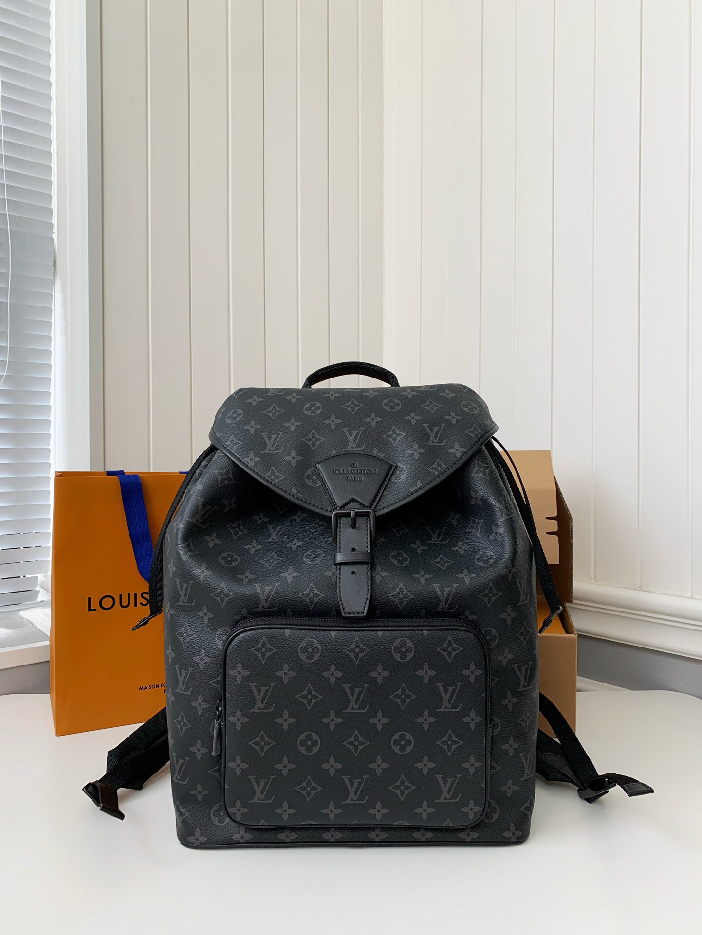 L*V's New MONTSOURIS Men's Black Flower Backpack M45583, Top Quality Size: 32 * 40 * 19cm