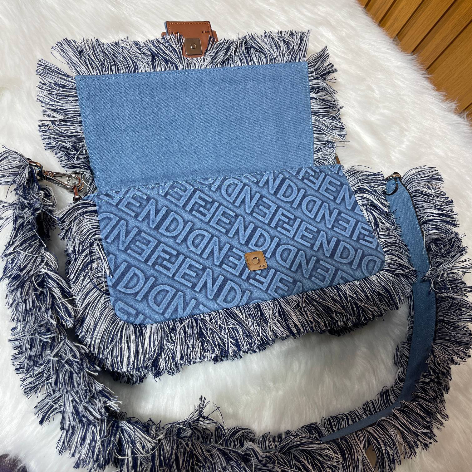 F**di Baguette Embossed Denim Tassel Bag Size: 26 15cm, Model 0199