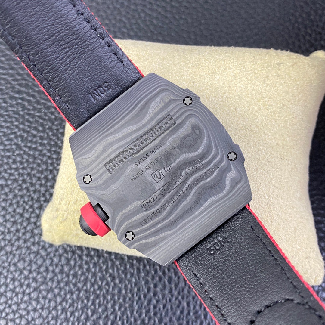 Richard Miller Tourbillon watch has invested heavily in the RM27-03 Tourbillon movement, which is integrated with the NTPT carbon fiber case to create the lightest Tourbillon watch in the industry.